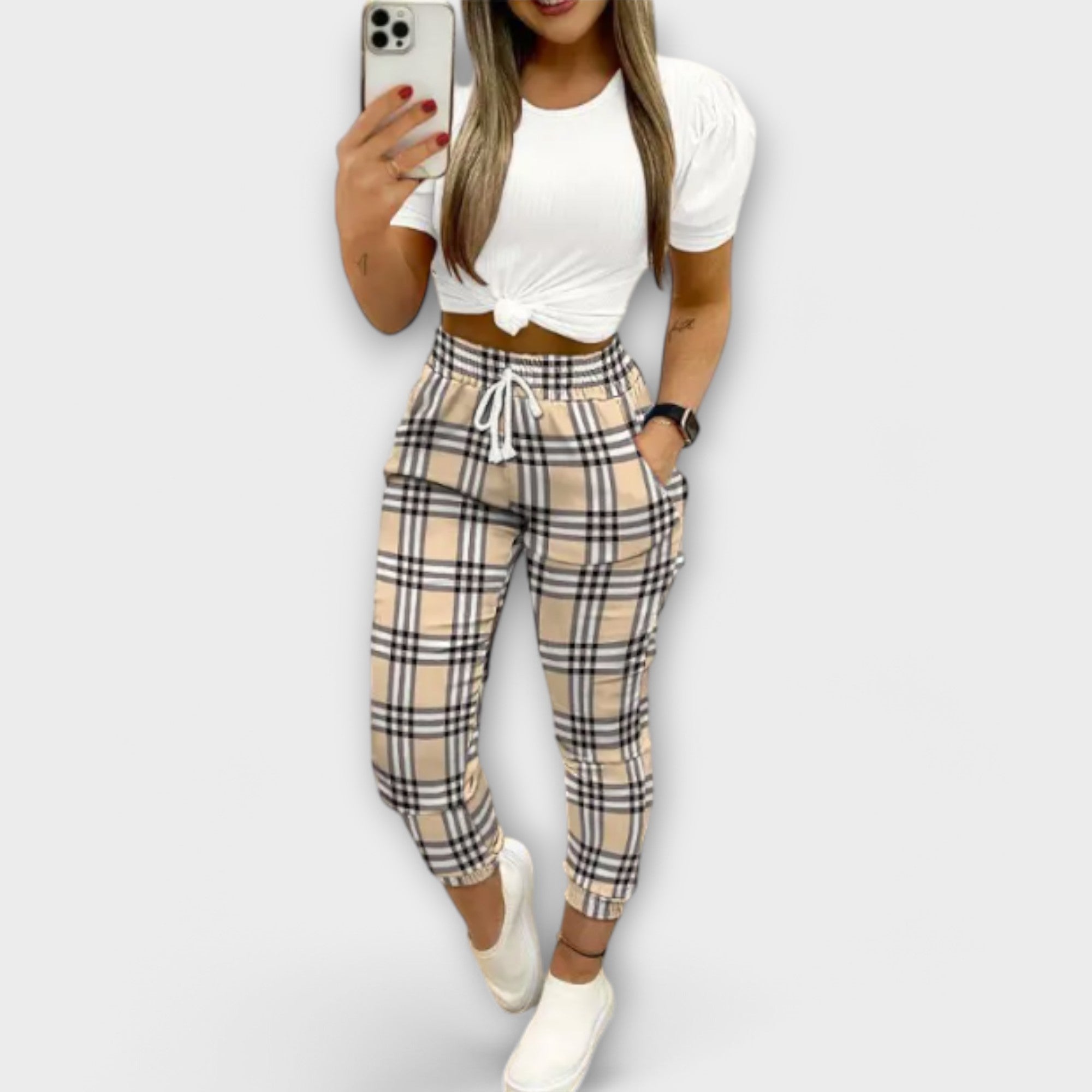 Zoe – Checked Trousers with Drawstring and Cuff